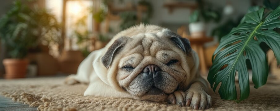 Sleepy pug resting at home among indoor plants on a cozy rug - Powered by Adobe