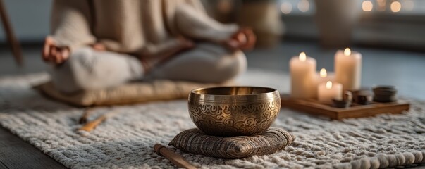 Woman meditating in a cozy, candlelit space with a singing bowl and serene atmosphere today