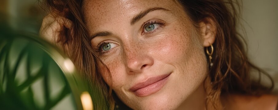 Close-up portrait of a freckled woman with green eyes and a soft smile in natural light