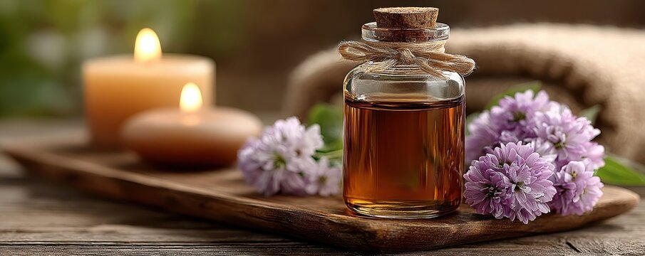 Aromatherapy essential oil bottle on wooden tray with candles and purple flowers for a calming home spa scene - Powered by Adobe