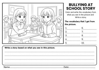 Bullying at School story writing worksheets for kids! Includes creative prompts, SEL reflections, and vocabulary practice to build empathy, kindness, and social awareness for grades 1–3.