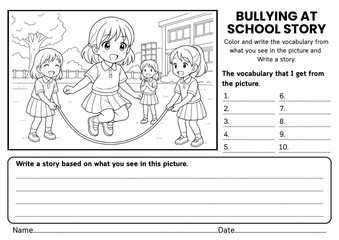 Bullying at School story writing worksheets for kids! Includes creative prompts, SEL reflections, and vocabulary practice to build empathy, kindness, and social awareness for grades 1–3.