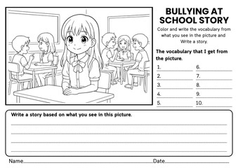 Bullying at School story writing worksheets for kids! Includes creative prompts, SEL reflections, and vocabulary practice to build empathy, kindness, and social awareness for grades 1–3.