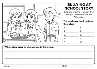 Bullying at School story writing worksheets for kids! Includes creative prompts, SEL reflections, and vocabulary practice to build empathy, kindness, and social awareness for grades 1–3.