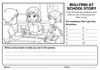 Bullying at School story writing worksheets for kids! Includes creative prompts, SEL reflections, and vocabulary practice to build empathy, kindness, and social awareness for grades 1–3.