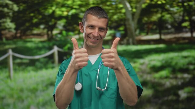 Man doctor smiling outdoors in park wearing green uniform with stethoscope, giving thumbs up, expressing positivity and health awareness in a natural setting. - Powered by Adobe