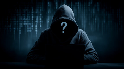 Hooded figure at a laptop with an obscured face, illustrating anonymous cyber threat activity and data breach risk.
