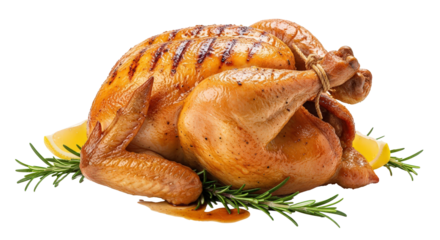 Delicious golden brown roasted whole chicken garnished with fresh herbs and citrus slices isolated on transparent background