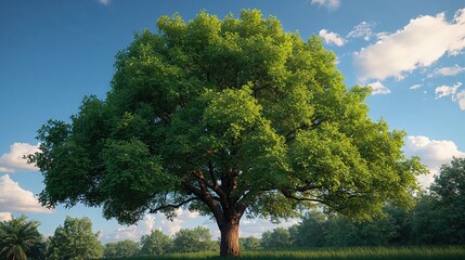Picturesque Oak Tree in a Tranquil Park Setting with Vibrant Green Leaves under a Blue Sky on a Sunny Day - Stunning Landscape Photography of Serene Nature and Plant Life in the Countryside