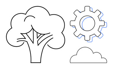 Line art showing a tree, gear, and cloud. Ideal for sustainability, innovation, technology, environment, ecology creativity simplicity. Combines nature and technology in a simple flat metaphor