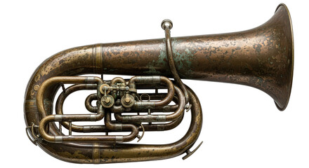 Fototapeta premium Antique brass tuba musical instrument detailed close-up photography for music and orchestral concepts isolated on transparent background