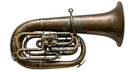Antique brass tuba musical instrument detailed close-up photography for music and orchestral concepts isolated on transparent background