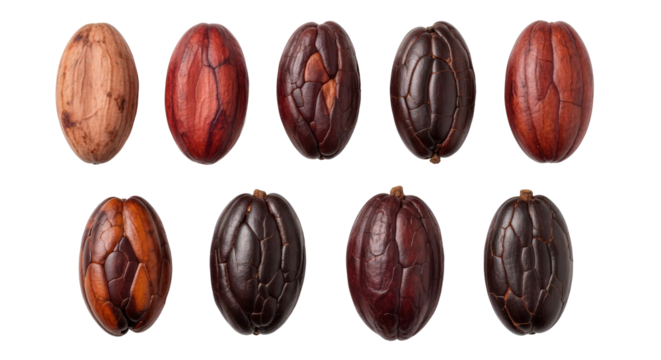 Collection of diverse chocolate praline candies in oval shapes arranged in two rows isolated on transparent background