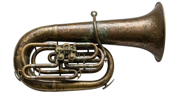 Antique brass tuba musical instrument detailed close-up photography for music and orchestral concepts isolated on transparent background