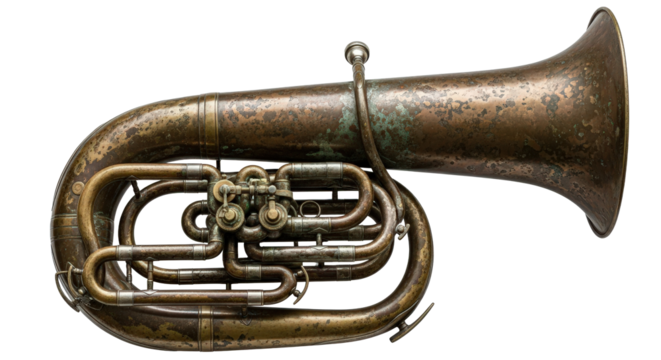 Antique brass tuba musical instrument detailed close-up photography for music and orchestral concepts isolated on transparent background