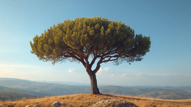 Serene Pine Tree in Vast Rural Landscape Under Blue Sky: Tranquil Scenic View of Natural Beauty and Wilderness Exploration - Powered by Adobe