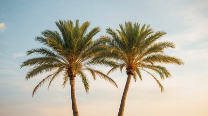 Tropical Palm Trees at Sunset: A Serene Summer Paradise with Vibrant Sky and Lush Greenery for Exotic Relaxation and Idyllic Travel