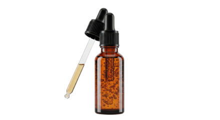 Amber glass dropper bottle filled with yellow liquid and label isolated on transparent background