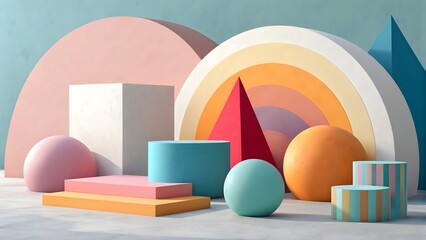 Abstract Composition of Bright Geometric Shapes, Cubes, and Spheres with Vibrant Pastel Color Palette