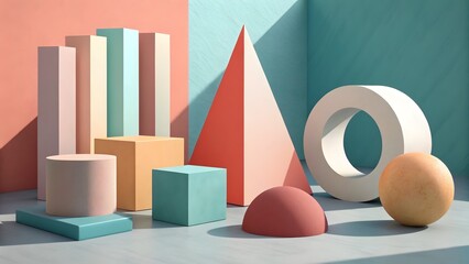Abstract Geometric Shapes Display with Pastel Colors, Smooth Shadows, and Minimalist Studio Background