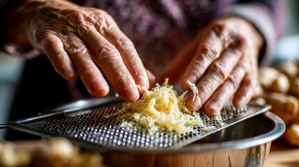 Aged hands grating ginger