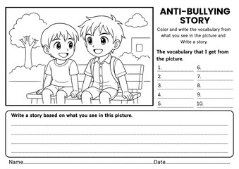 Fototapeta premium Anti-Bullying story writing worksheets for kids! Includes creative prompts, SEL reflections, and vocabulary activities to build empathy, kindness, and respect in grades 1–3 classrooms.