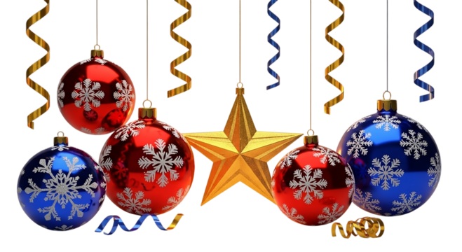 Hanging Red and Blue Snowflake Christmas Ornaments with Gold Star and Ribbons