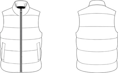 Padded vest, sleeveless outerwear, fashion flat, technical sketch, vector illustration, quilted design, garment CAD, zipper front, collar detail, construction