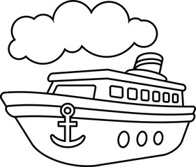 Simple Outline Ferry Boat and Cloud Nautical Illustration for Children