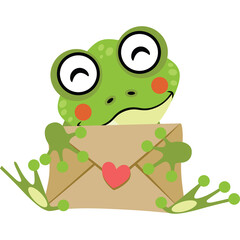 Cute cartoon frog holding a love letter with a pink heart on transparent background
