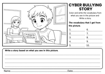 Cyberbullying story writing worksheets for kids! Includes creative prompts, SEL reflections, and vocabulary activities to teach online kindness, empathy, and digital responsibility for grades 1–3.