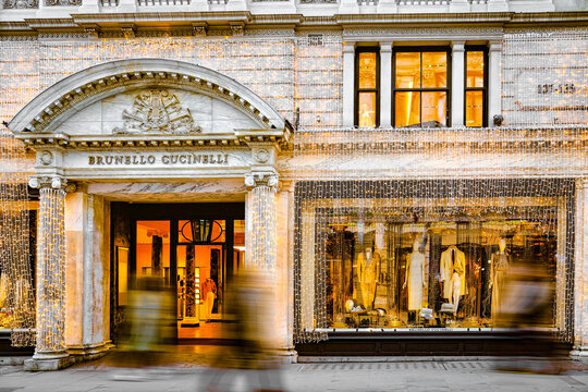 Brunello Cucinelli Boutique Store Window Display, Christmas Decorations, Festive Lights, New Bond Street, London, United Kingdom - December 2024