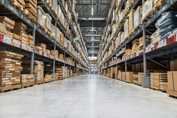 A spacious warehouse interior with tall shelves filled with organized cardboard boxes and packages. Bright overhead lights illuminate the polished floor, showcasing an efficient logistics space.