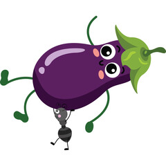 Cute cartoon eggplant character with arms and legs being carried by a small ant on a transparent background
