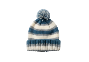 winter wool striped beanie hat with pompom, for keeping the head warm in cold weather, isolated on white or transparent background. PNG