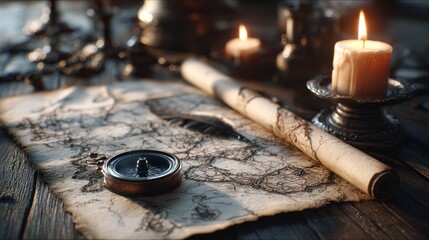 Antique map and compass