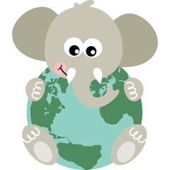 Cute cartoon elephant hugging planet earth with a smiling face and big eyes rendered in a flat design style isolated on a white background.