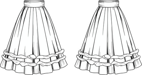 Pleated skirt fashion sketch, ruffle trim vector illustration, cad drawing, garment construction detail, front view design, layered embellishment style