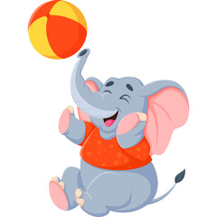 Cute cartoon elephant playing with a red and yellow striped ball wearing an orange shirt with a white polka dot pattern against a transparent background in a playful pose