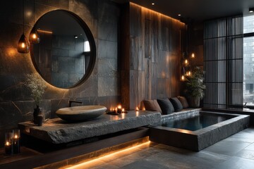 Luxurious modern bathroom with round mirror, stone sink, and warm ambient lighting for spa like atmosphere