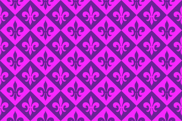 Mardi Gras Rhombus and Fleur de Lys Seamless Pattern. Festive Purple Background. 