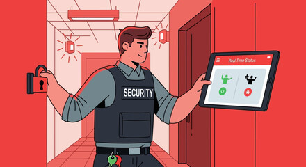 Security guard monitoring real time status with mobile application and padlock