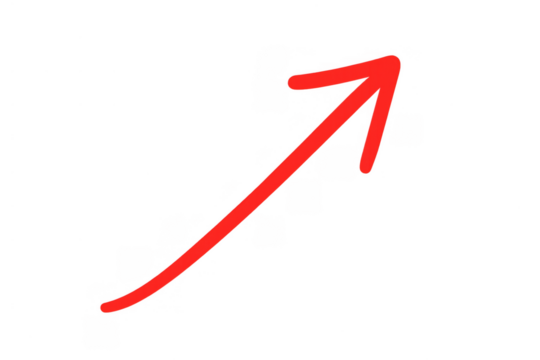 Red hand-drawn arrow pointing up, showing growth, increase, direction, progress, success, and rising trend on transparent background