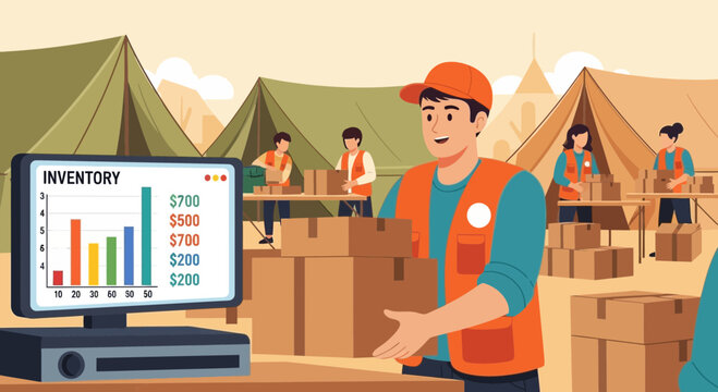 Logistics coordination and inventory tracking in a refugee camp setting illustration
