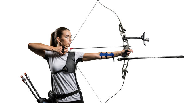 Focused female archer with compound bow aims precisely at target