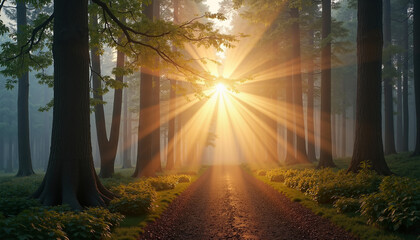 Obraz premium Magical sunlight streaming through trees in a misty forest path