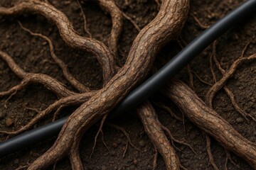 Fototapeta premium An electric cable tangled among tree roots, symbolizing the deep bond between nature and technology.