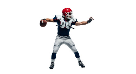 American football quarterback prepares to throw ball on white backdrop