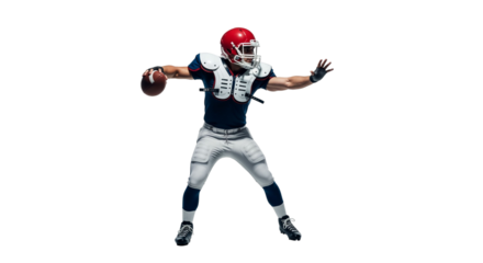 American football quarterback prepares to throw ball on white backdrop