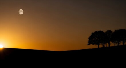Fototapeta premium Sunset and Full Moon Over Horizon, Silhouetted Trees at Golden Hour, Peaceful Evening Landscape View